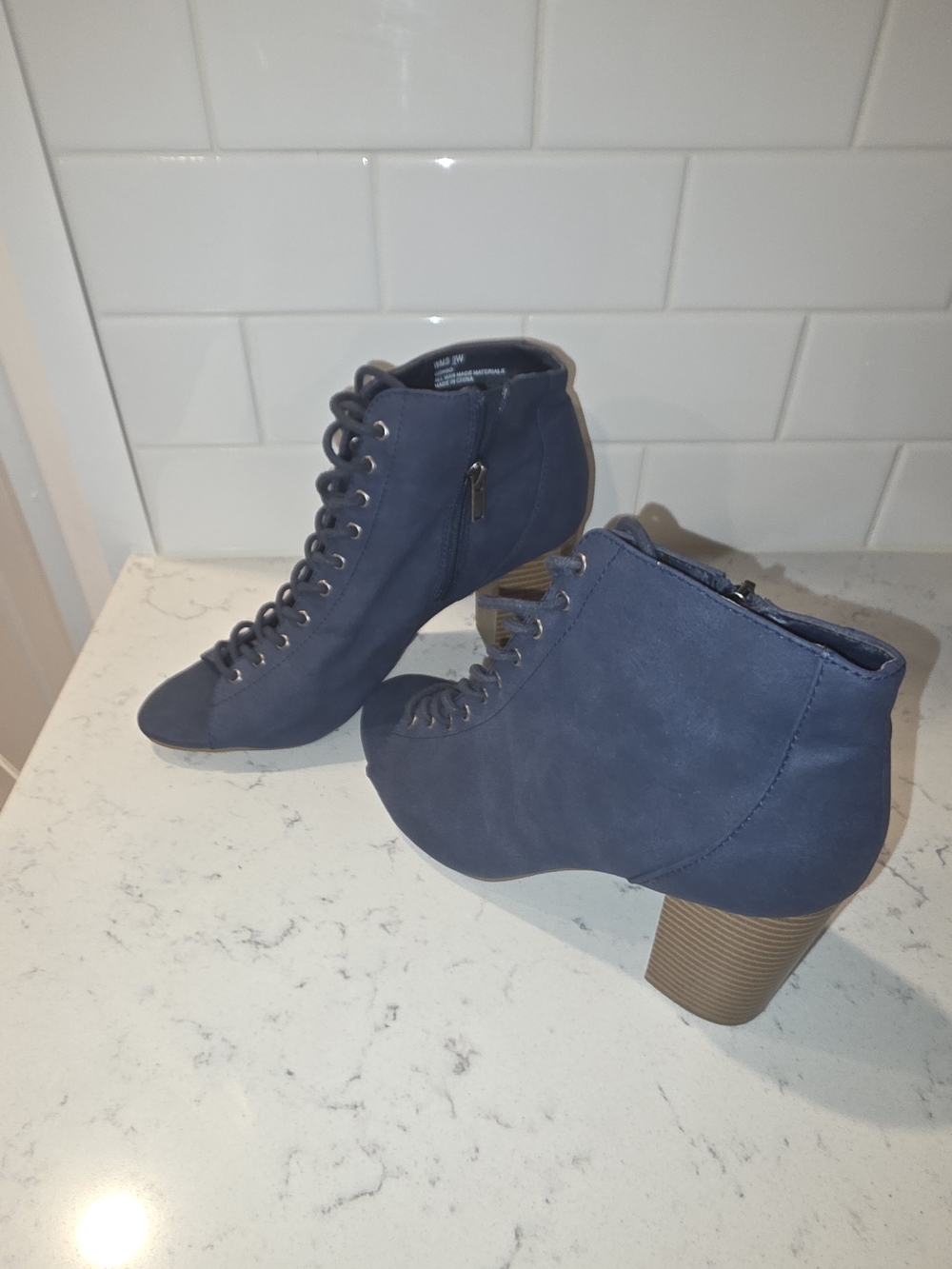 Lace-Up Chunky Heel Ankle Booties in Navy